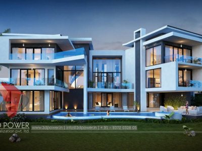 high class bungalow 3d front elevation rendeing with  3d exterior night view landscape rendering design